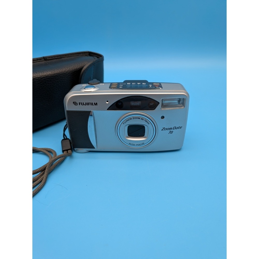FujiFilm ZoomDate 70 35mm Film Camera Silver  with Original Leather Case Tested